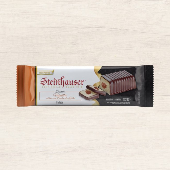 BUDÍN STEINHAUSER DE VAINILLA CON DULCE DE LECHE BAÑADO EN CHOCOLATE X 250 GR