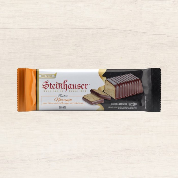 BUDÍN STEINHAUSER DE NARANJA BAÑADO EN CHOCOLATE X 250 GR